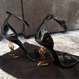 Saint Laurent Black Patent Heels with Gold YSL Logo Heels